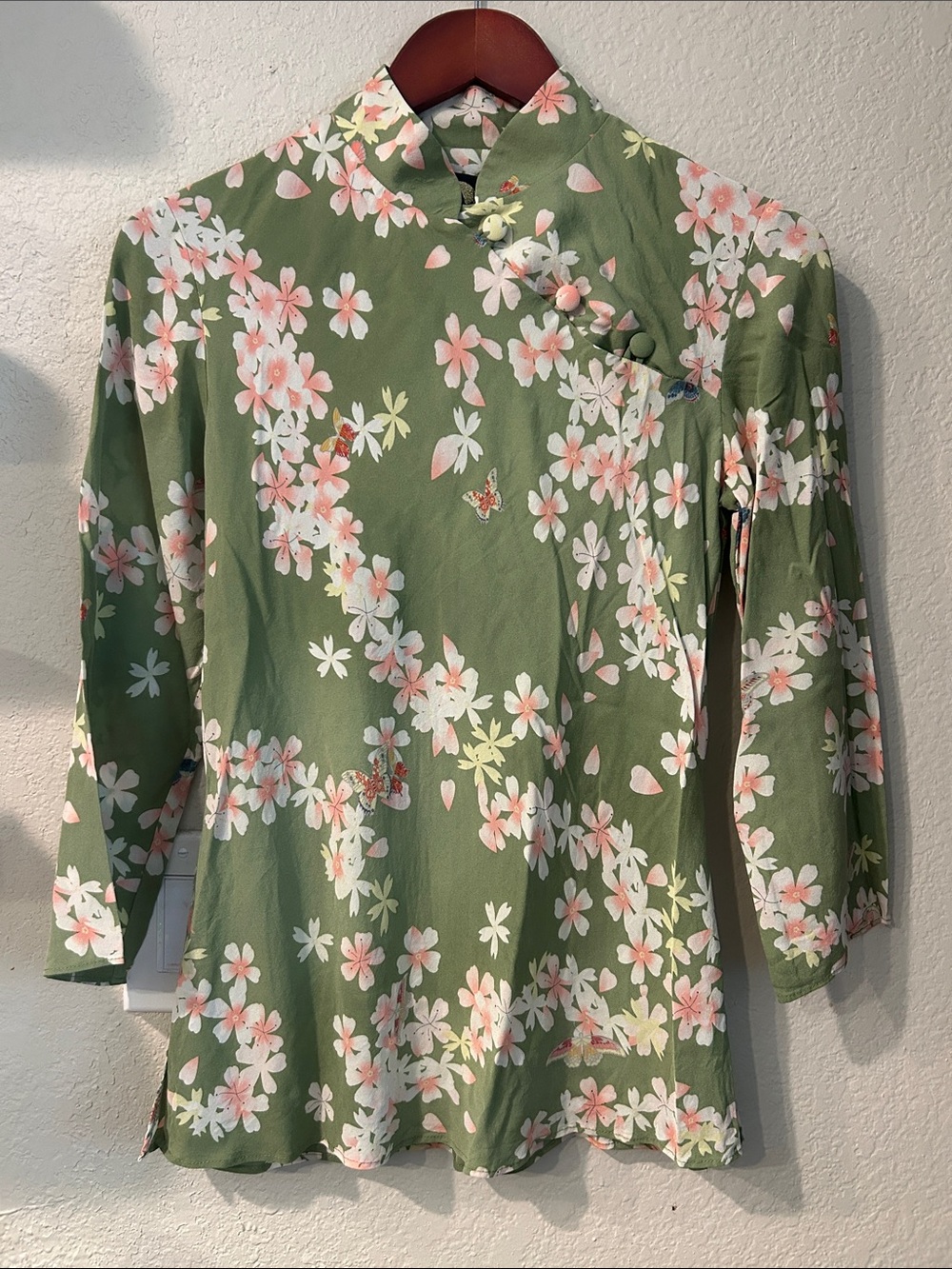 ANNE NAMBA Silk Women’s Green Floral Mandarin Collar Top, Sz XS